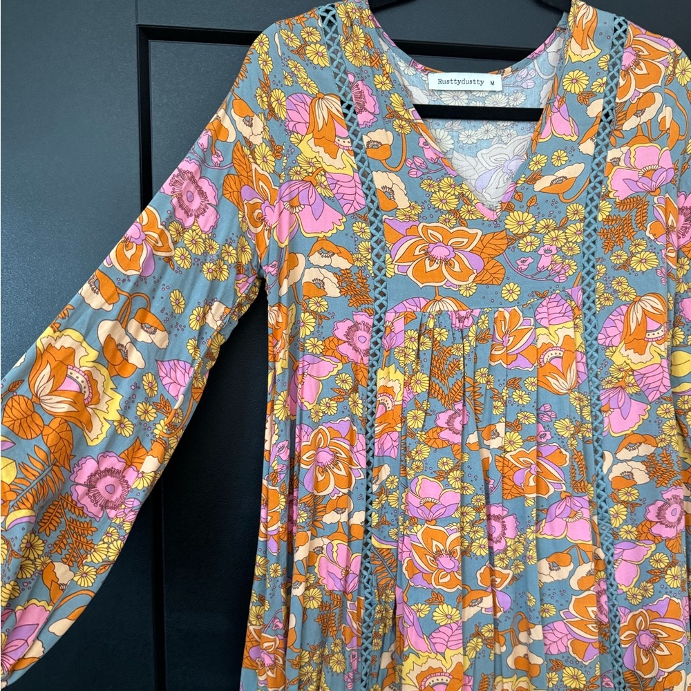 Floral Long Sleeve Dress in Blue and Orange